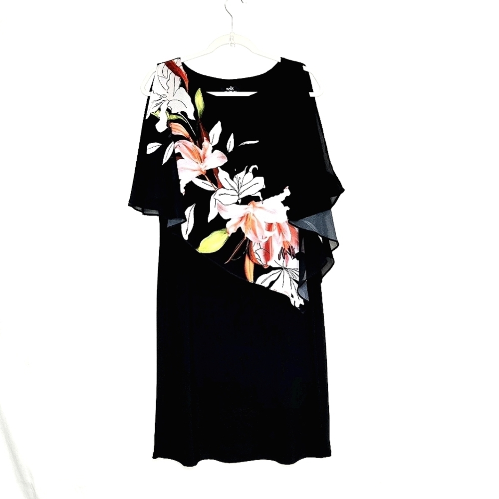 Wallis dress. Black floral, cold shoulder, scarf overlay. Size 10.